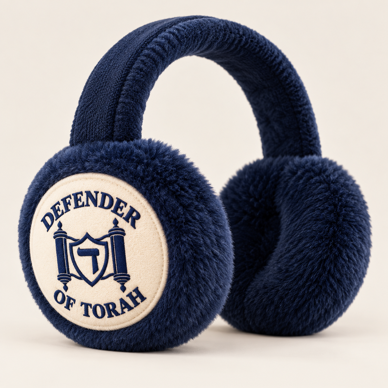 The Winter Earmuffs in navy / cream, with the Defender of Torah logo