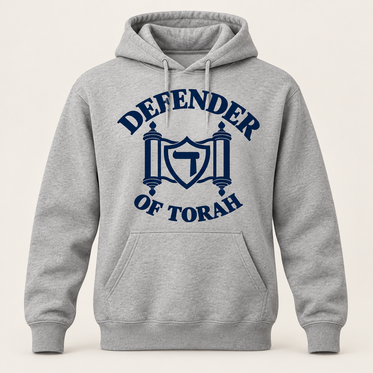 The Signature Hoodie in heather gray / navy, with the Defender of Torah logo
