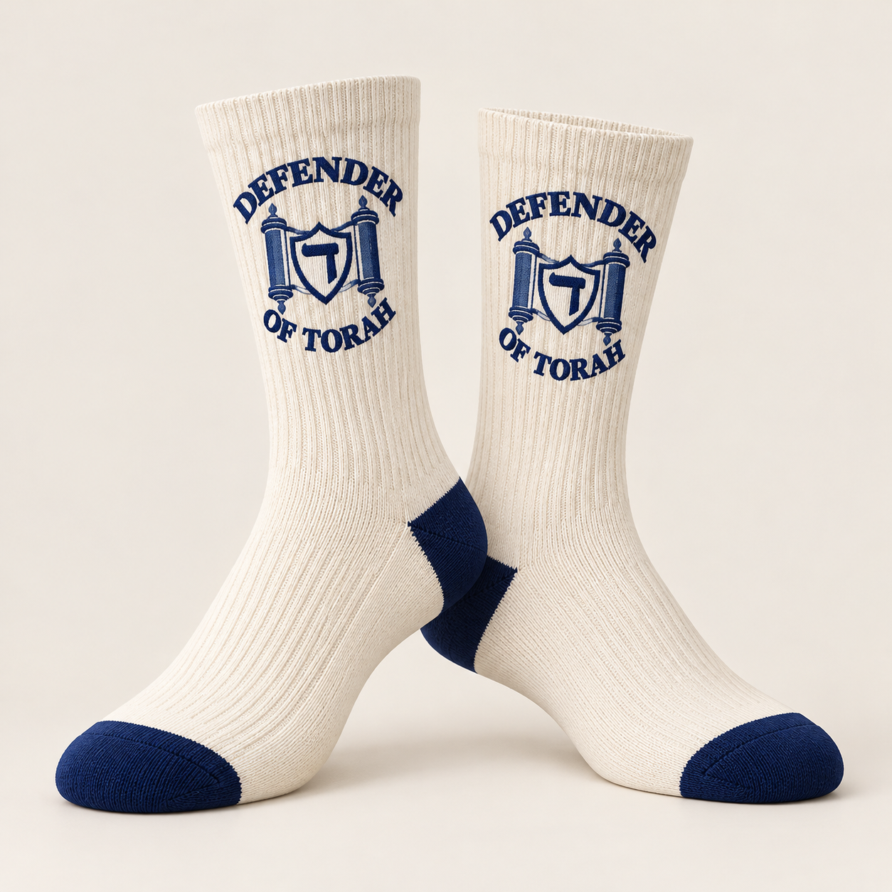 The Signature Crew Socks in cream / navy, with the Defender of Torah logo
